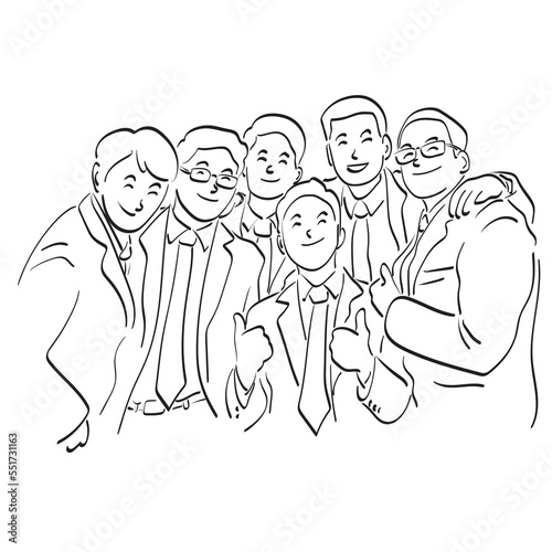 line art six male businesspeople with thumb up illustration vector hand drawn isolated on white background