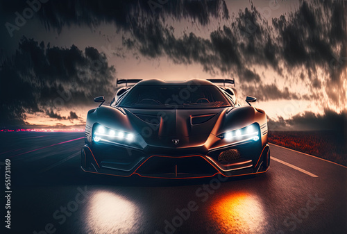 Xenon lighting on a high end sport automobile. in front. driving in the dusk. Generative AI