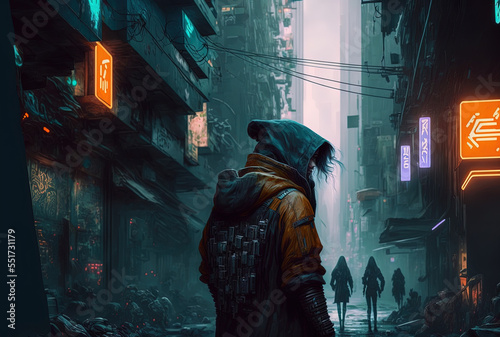 Cyberpunk street with character addition copyspace. Generative AI