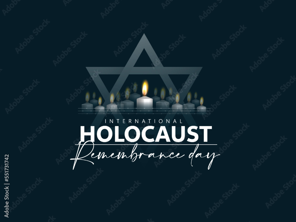 International Holocaust Remembrance Day, Glowing Jewish star and text, Burning candle and flag of Israel, dark background