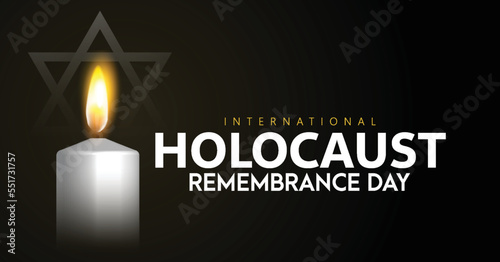 International Holocaust Remembrance Day, Glowing Jewish star and text, Burning candle and flag of Israel, dark background