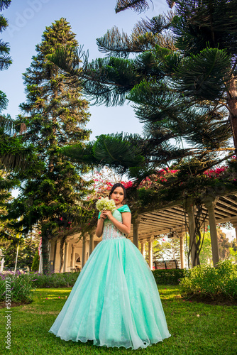 Beautiful young woman dressed in a princess costume in the middle of a park with trees