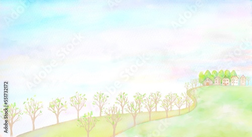 春が訪れた頃の並木道の水彩イラスト。木々から新芽が芽吹いている風景。