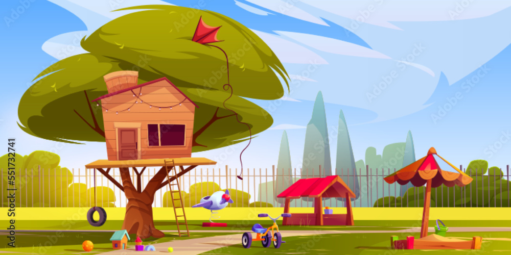 Summer landscape of playground with tree house, sandbox, toys and bicycle. Wooden treehouse for children in park, backyard, kindergarten, vector cartoon illustration