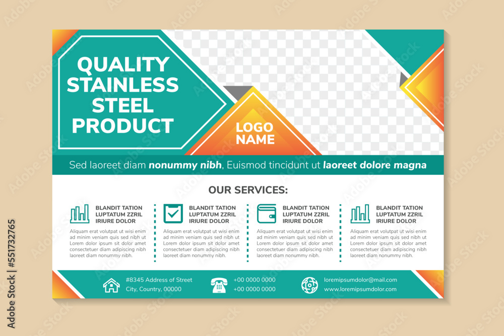 banner template design for promotion of quality stainless steel product. horizontal layout with square space for photo collage in diagonal. yellow gradient and green elements on white background. banner template design for promotion of quality stainless steel product. horizontal layout with square space for photo collage in diagonal. yellow gradient and green elements on white background.