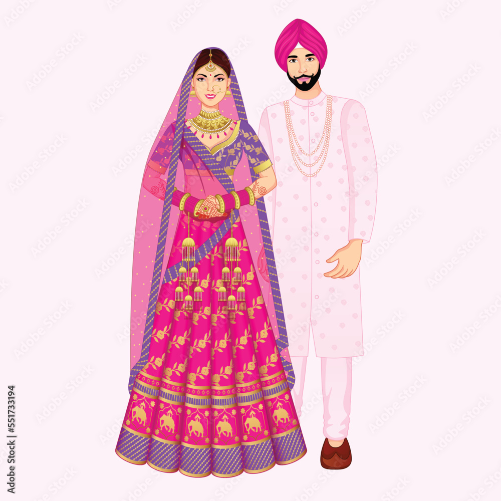 Indian Wedding Punjabi Couple Standing wearing Sherwani and lehenga