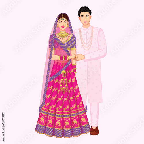 Indian Wedding Couple Standing wearing Sherwani and lehenga