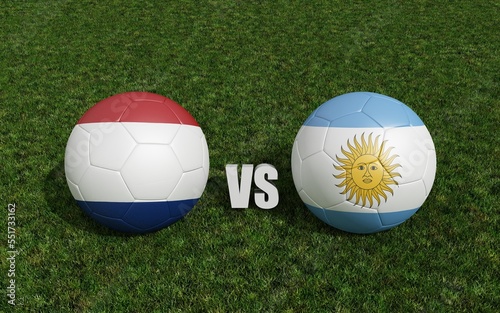 Footballs in flags colors on soccer field . Brazil with  South Korea. 3d rendering