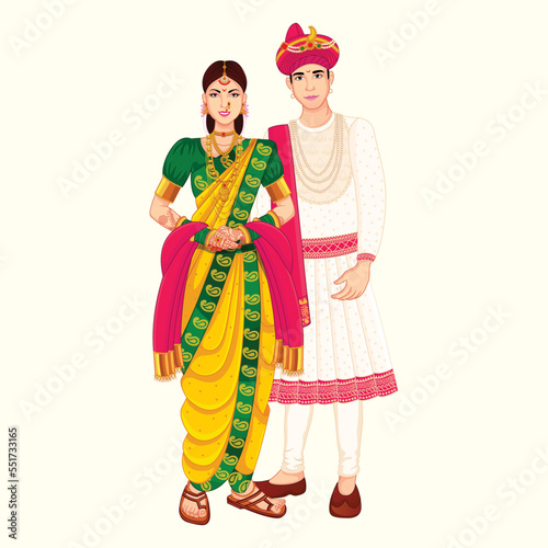 Marathi couple standing with Peshwa look for indian wedding