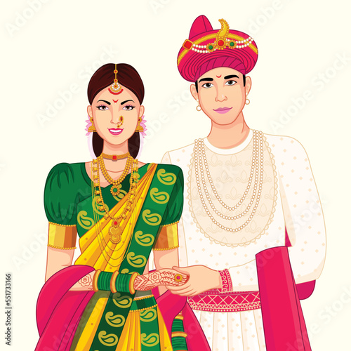 Marathi couple standing with Peshwa look for indian wedding photo