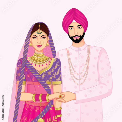 Indian Wedding Punjabi Couple Standing wearing Sherwani and lehenga