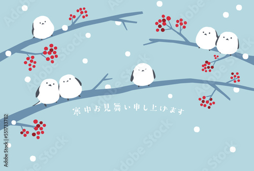 寒中お見舞い　シマエナガと赤い実