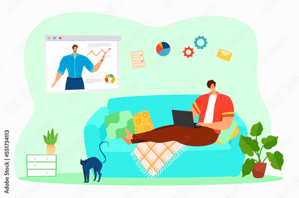 Professional male freelancer internet work laptop online workflow distance negotiation flat vector illustration, isolated on white.