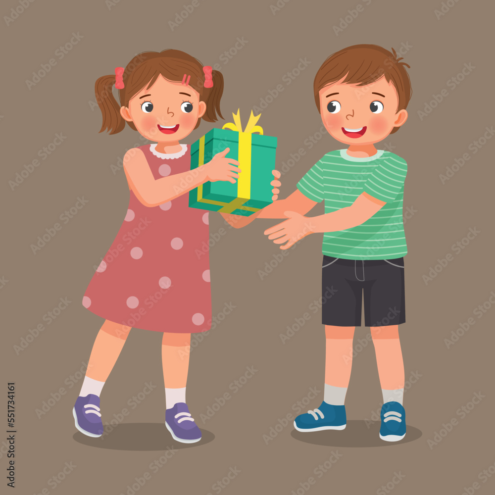 cute little girl giving gift to a boy for his birthday or Christmas present cute little girl giving gift to a boy for his birthday or Christmas present