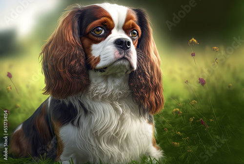Fotografering King Charles's cavalier dog is portrayed against blurry green grass