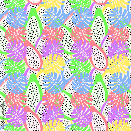 Colorful pitaya and Monstera leaves seamless vector repeat pattern, Suitable for fabric, textile, cloth, wrapping, and many more.