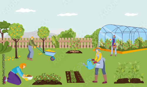Cheerful farmer people work together nature farm, character use kitchen garden tool flat vector illustration, harvest green vegetable plants.