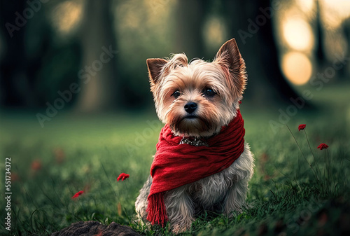 A picture of a tiny dog wearing a red scarf and posing on park grass. Generative AI © AkuAku