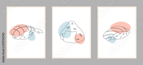 Set of posters with sushi and onigiri