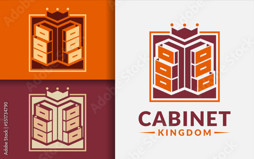 Creative Cabinet Logo Design with Cabinet Furniture and King Crown Combination Concept.