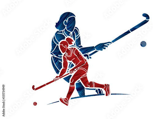 Field Hockey Sport Team Female Players Action Together Cartoon Graphic Vector