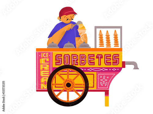 Filipino sorbetes cart side view illustration in warm colors with male vendor