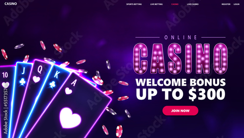 Online casino, purple banner design for website with offer, neon casino playing cards and poker chips on blurred background