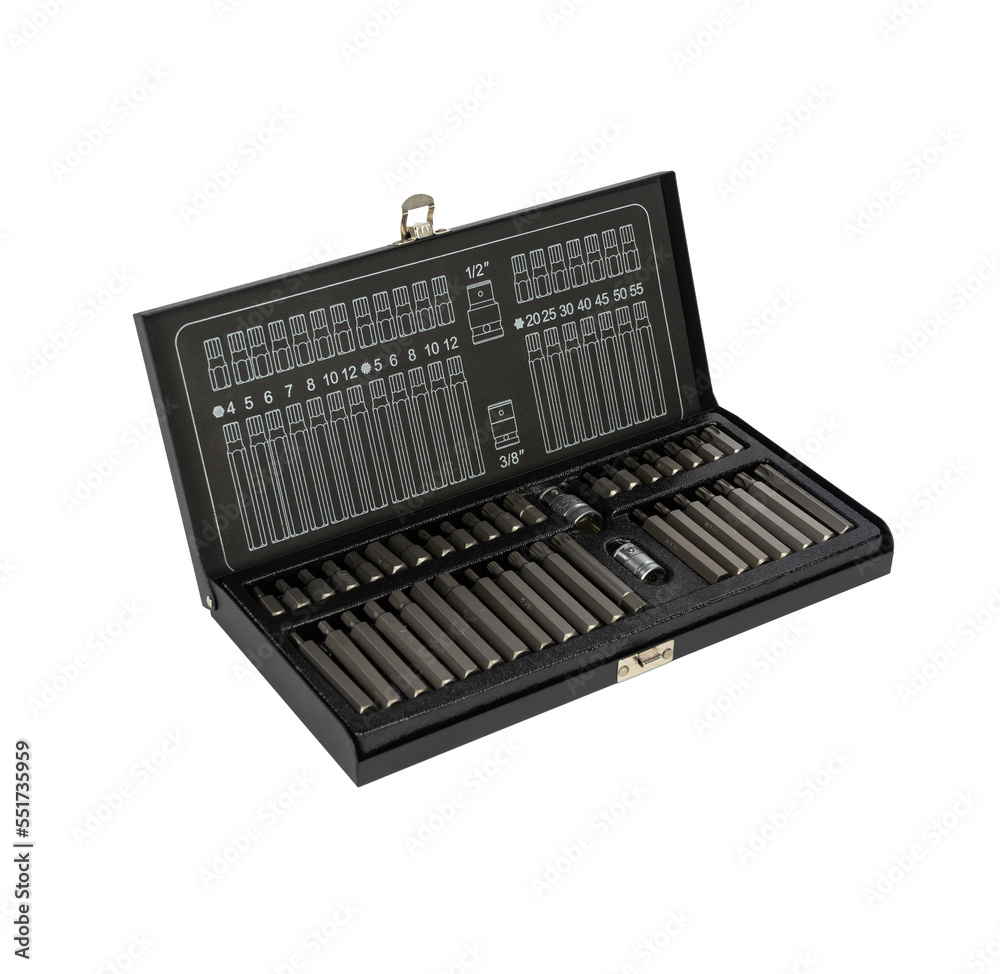 Sets of screwdriver bits heads tips Screwdriver Bit Set in carry case isolated on white background Sets of screwdriver bits heads tips Screwdriver Bit Set in carry case isolated on white background