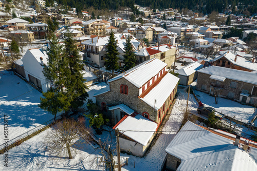 Aerial view of snowy Elati village trikala greece. photo