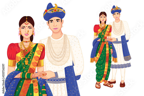 Marathi couple standing with Peshwa look for indian wedding