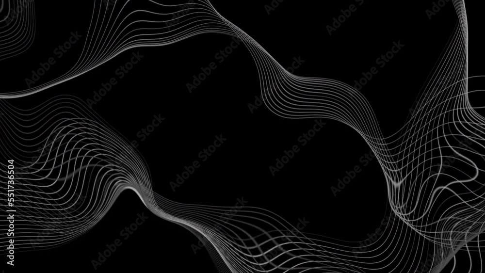 Grey abstract curved wavy lines on black background. Seamless looping ...
