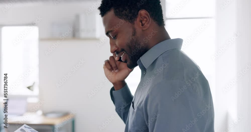 Black man, phone call and planning business documents in office for company report, startup entrepreneur or digital networking. African businessman, happy and smartphone discussion with sales report Black man, phone call and planning business documents in office for company report, startup entrepreneur or digital networking. African businessman, happy and smartphone discussion with sales report