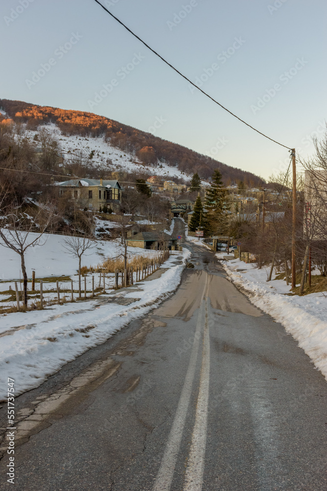 view of snowy Nymfaio florinas the picturesque traditional village of north Greece also known for Arcturos organisation which protects brown bears view of snowy Nymfaio florinas the picturesque traditional village of north Greece also known for Arcturos organisation which protects brown bears