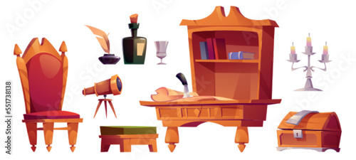 Antique furniture set on white background. Cartoon vector illustration of vintage chair, secretary desk, old wooden trunk, chandelier with candles, retro telescope, ink bottle. Writers room interior