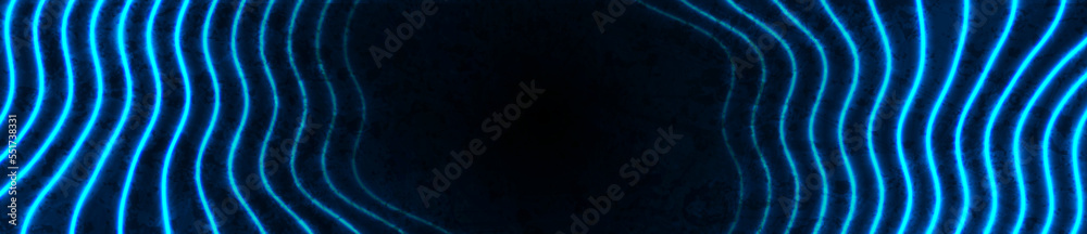Blue neon laser wavy lines on grunge background. Futuristic vector banner design