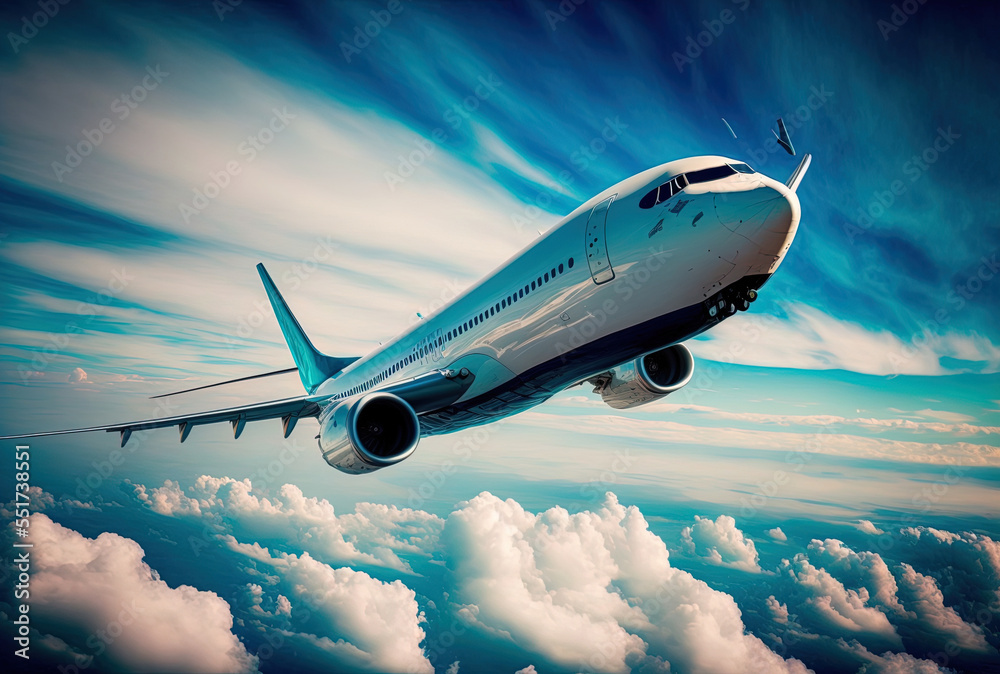 Passenger jet flying against a sky that is clearly blue.. Generative AI Passenger jet flying against a sky that is clearly blue.. Generative AI