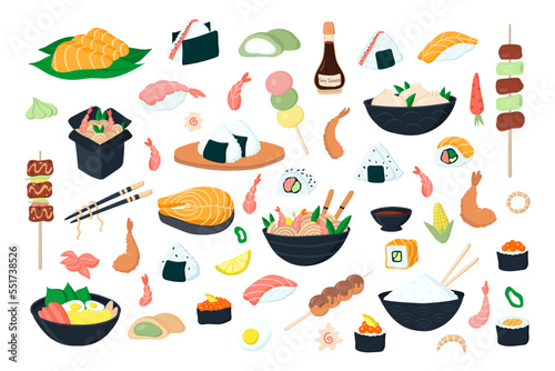 A large set of illustrations of Asian food