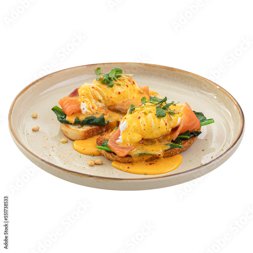 Portion of eggs benedict toast with salmon breakfast