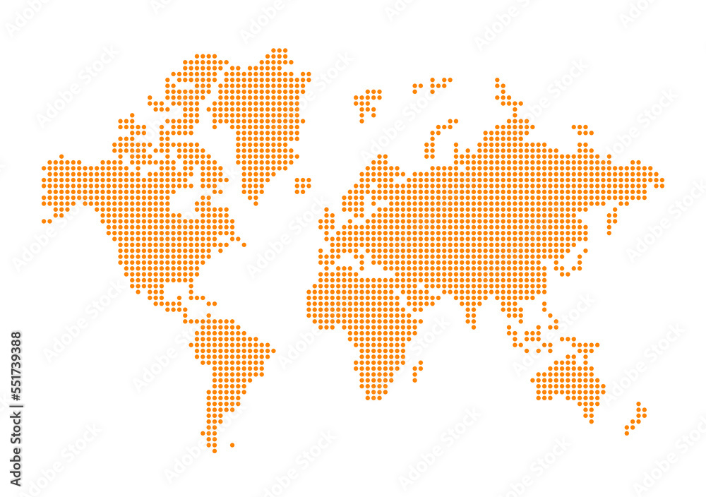 World map made of orange dots. Isolated on transparent background
