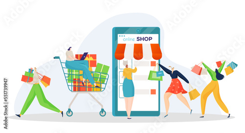 Group of people together queue online shopping, internet web mobile phone application store flat vector illustration, isolated on white.