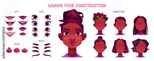 Woman face constructor, avatar of african american female character creation dark skin heads, hairstyle, nose, eyes with eyebrows and lips. Isolated facial elements for construction cartoon vector set