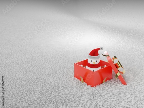 3d render of white snowman wearing red hat and scarf in opening red present box on white soft hairy cloth texture background, copy space