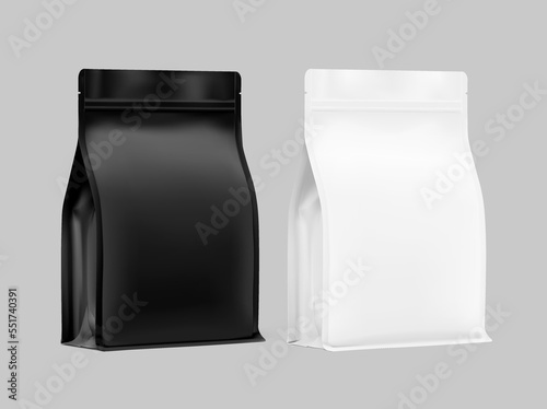 White and black stand-up pouch bags with flat bottom side gusseted and zipper. Realistic mockup. Half side view. Perfect for the presentation your product. EPS10.	