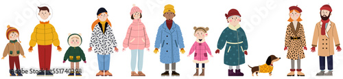Big family with dog in stylish winter clothes on white background