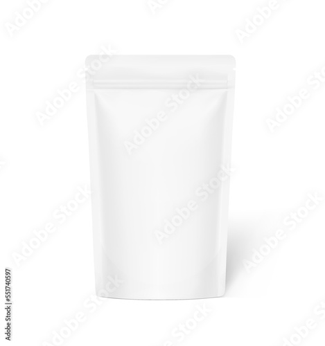 Blank stand up pouch mockup. Vector illustration isolated on white background. Front view. Can be use for template your design, presentation, promo, ad. EPS10.