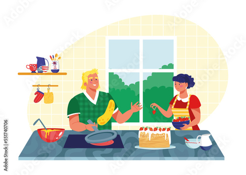Lovely romantic family couple female and male cooking food dinner, pastry foodstuff preparation flat vector illustration, isolated on white.
