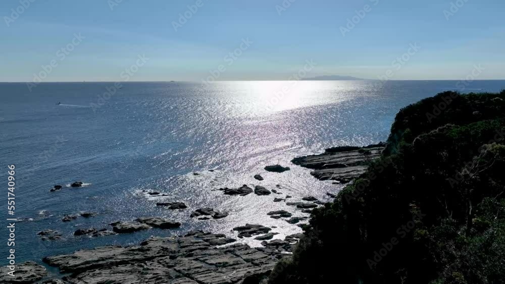 海岸の岩場と光り輝く地平線、遠くに見える伊豆大島 海岸の岩場と光り輝く地平線、遠くに見える伊豆大島