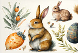 Large watercolor set agg carrot easte rabbit chick. Generative AI