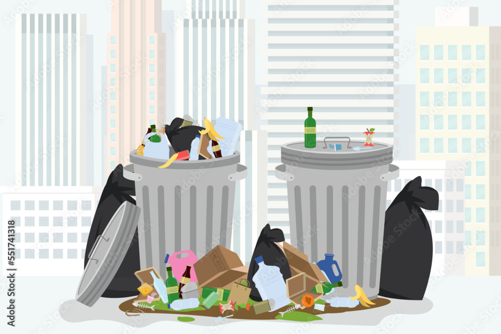 Garbage heaps around trash cans. Big smelly pile of garbage, urban view on background. Bad smell