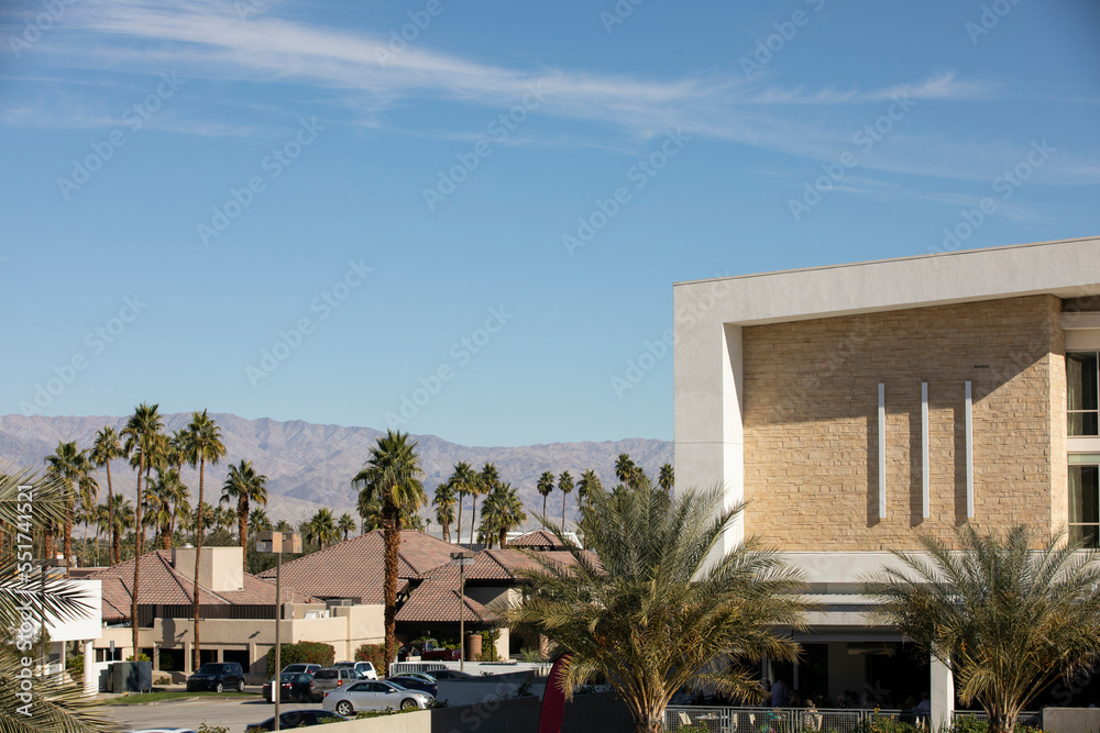 Palm tree framed view of downtown Palm Desert, California, USA.